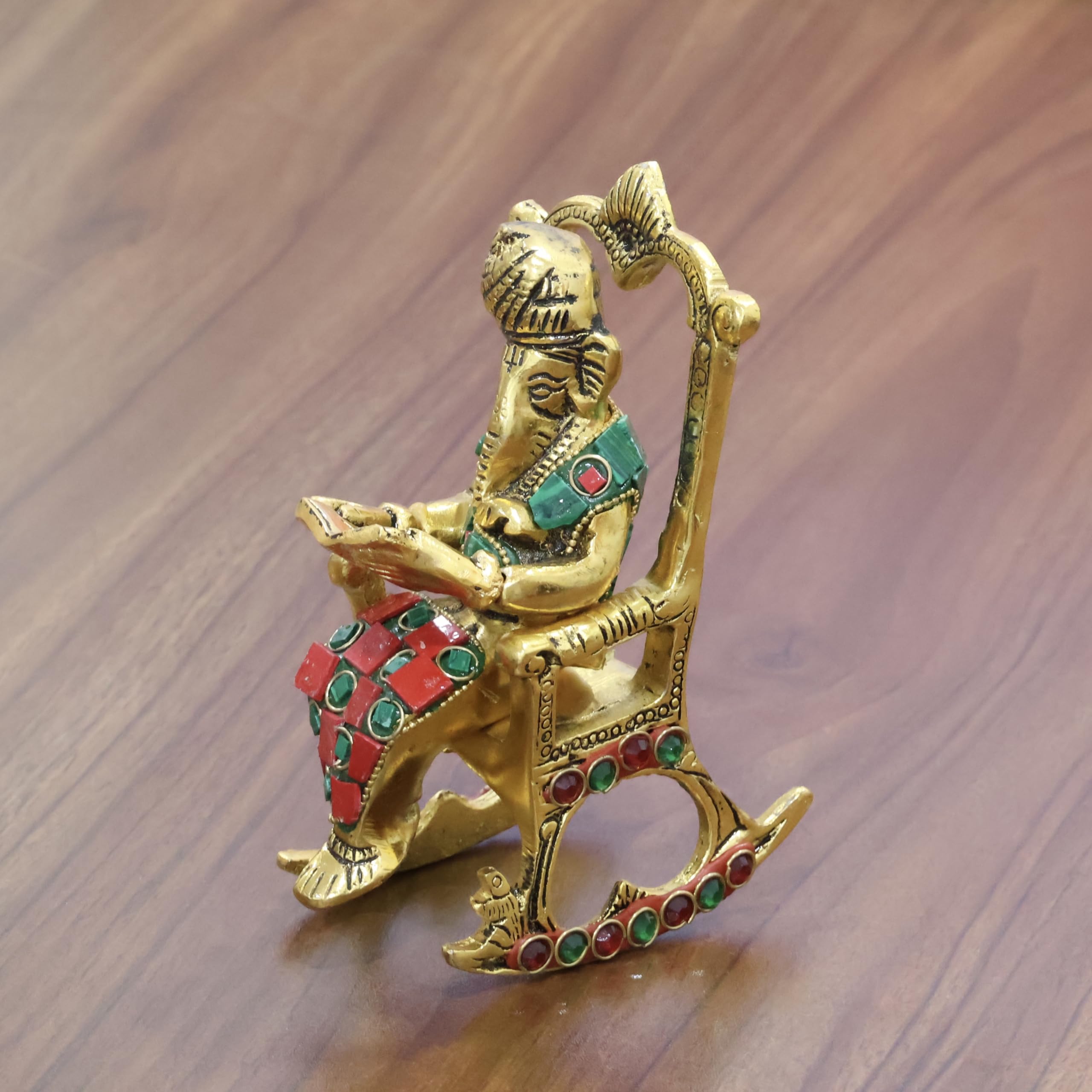 Kridaykraft Chair Ganesha Ji Reading Book With Stone Work,Ganesha Metal Statue,Ganpati Murti Idol For Pooja & Home,Office Dcor G